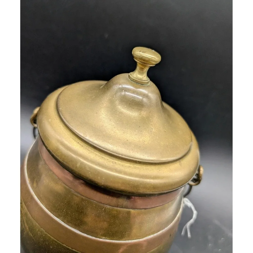 Vintage Brass and Copper Barrel Canister with Bail Handle and Lid Mixed Metal 8